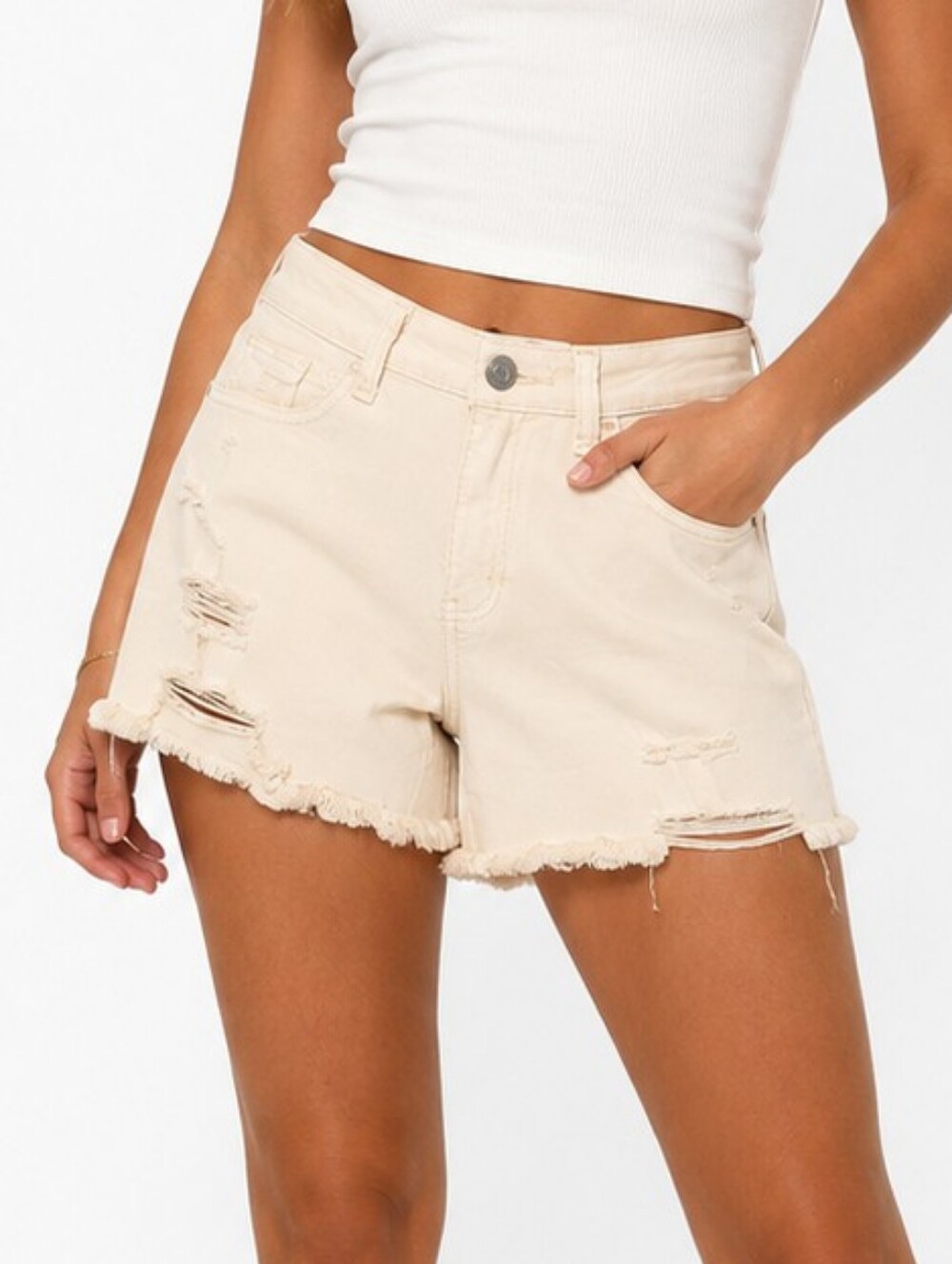 SO High Rise Distressed Cream Denim Shorts NWT